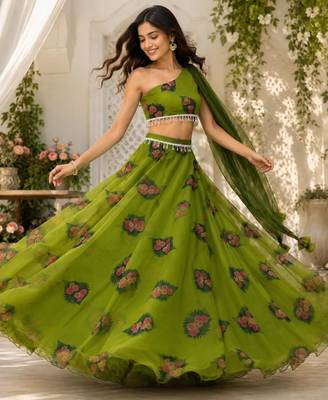 olive georgette embroidered traditional lehenga choli with free size upto 38 1
