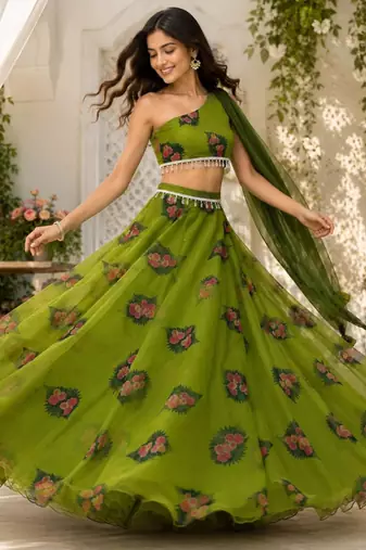 olive georgette embroidered traditional lehenga choli with free size upto 38