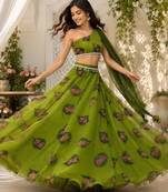 olive georgette embroidered traditional lehenga choli with free size upto 38