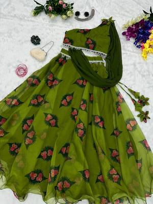 olive georgette embroidered traditional lehenga choli with free size upto 38 2
