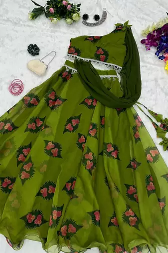 olive georgette embroidered traditional lehenga choli with free size upto 38