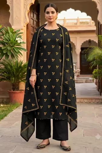 Black silk blend embroidered salwar kameez