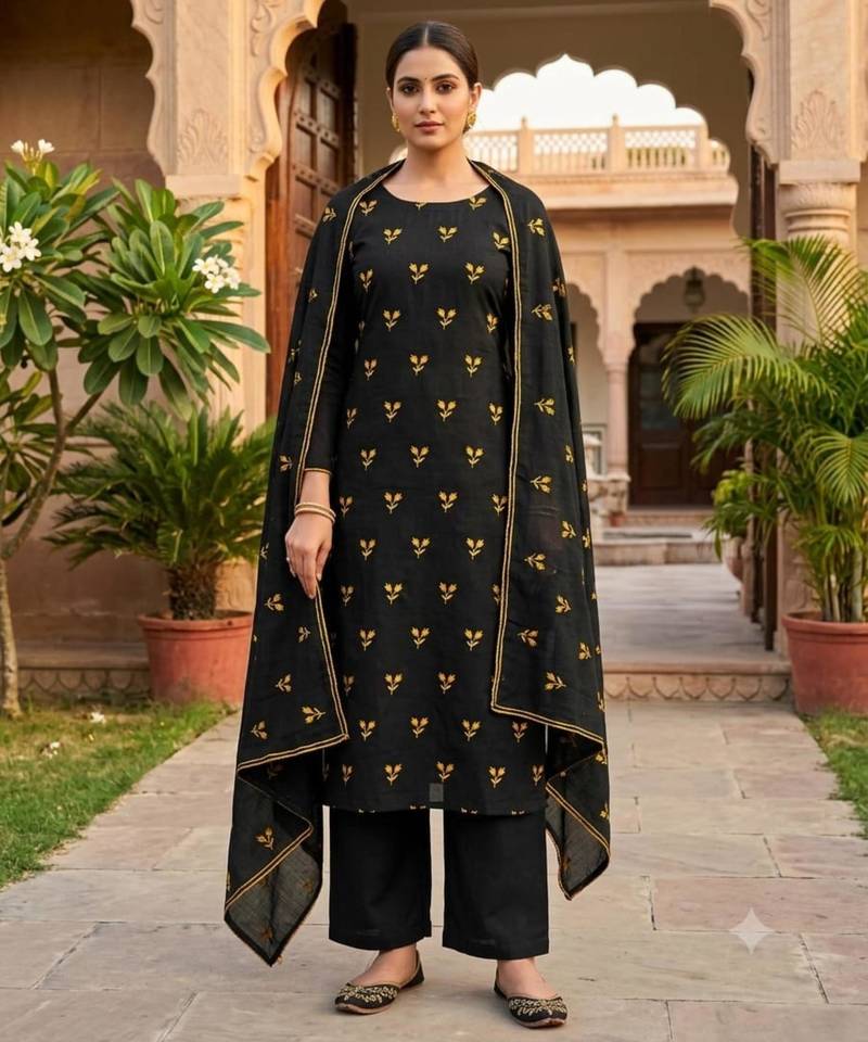 Black silk blend embroidered salwar kameez