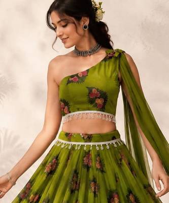 olive georgette embroidered traditional lehenga choli with free size upto 38 3