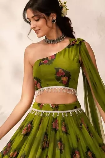 olive georgette embroidered traditional lehenga choli with free size upto 38