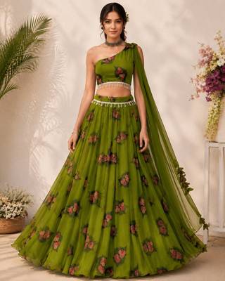 olive georgette embroidered traditional lehenga choli with free size upto 38 4