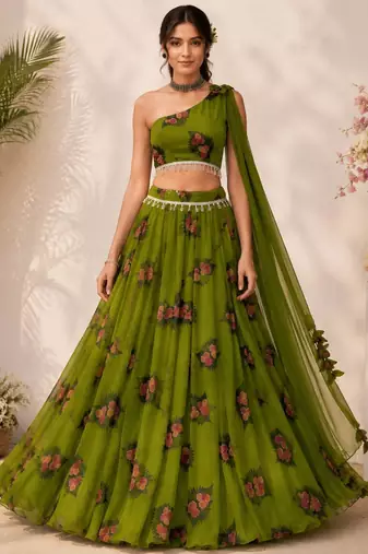 olive georgette embroidered traditional lehenga choli with free size upto 38