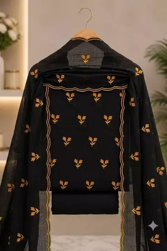 Black silk blend embroidered salwar kameez