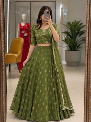 green georgette embroidered traditional lehenga choli with free size upto 44 1