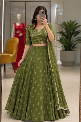 green georgette embroidered traditional lehenga choli with free size upto 44