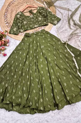 green georgette embroidered traditional lehenga choli with free size upto 44