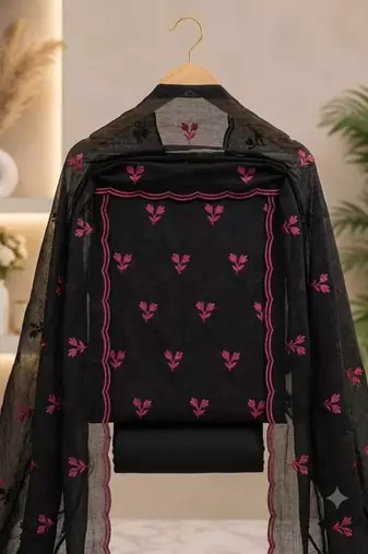 Black silk blend embroidered salwar kameez