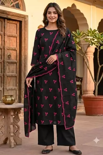 Black silk blend embroidered salwar kameez