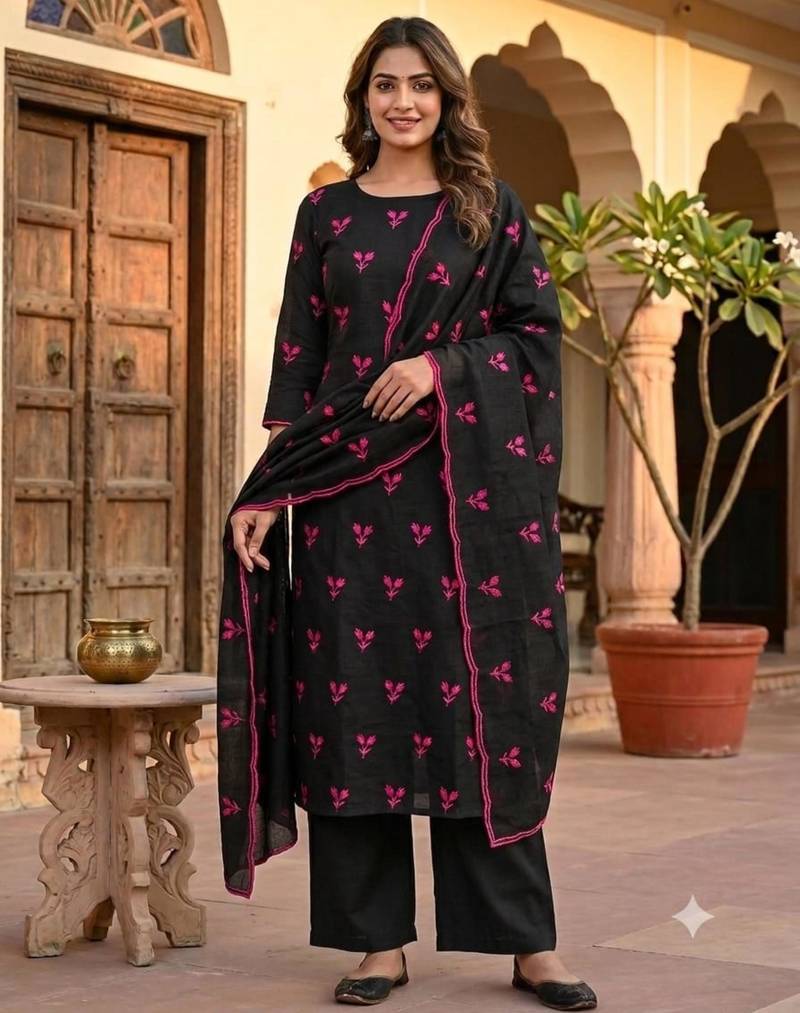 Black silk blend embroidered salwar kameez
