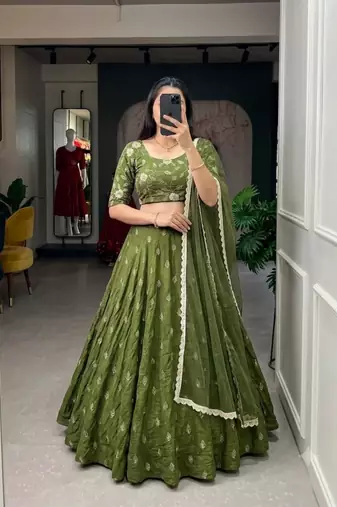 green georgette embroidered traditional lehenga choli with free size upto 44