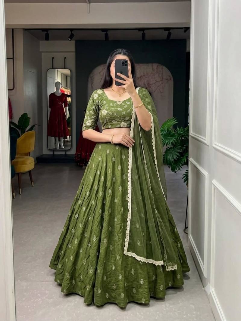 green georgette embroidered traditional lehenga choli with free size upto 44