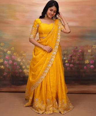 yellow georgette embroidered traditional lehenga choli with free size upto 44 1
