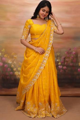 yellow georgette embroidered traditional lehenga choli with free size upto 44