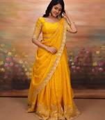 yellow georgette embroidered traditional lehenga choli with free size upto 44
