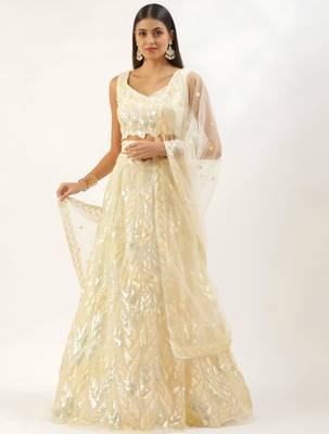 antique gold net embroidered traditional lehenga choli with free size upto 42 1