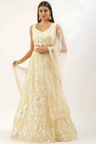 antique gold net embroidered traditional lehenga choli with free size upto 42