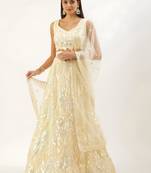 antique gold net embroidered traditional lehenga choli with free size upto 42