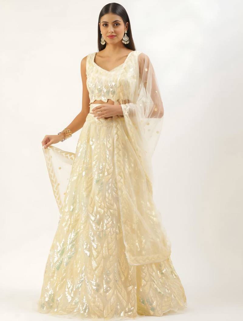 antique gold net embroidered traditional lehenga choli with free size upto 42