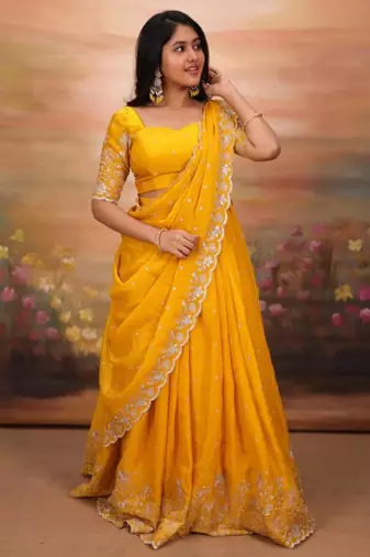 yellow georgette embroidered traditional lehenga choli with free size upto 44