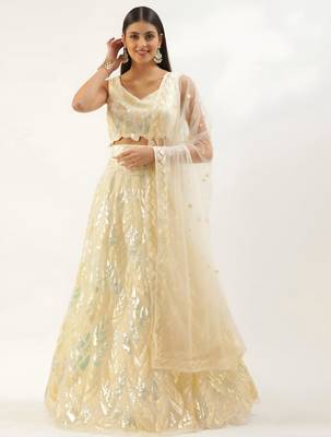antique gold net embroidered traditional lehenga choli with free size upto 42 2