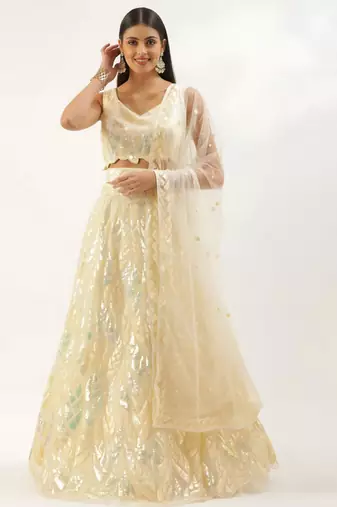 antique gold net embroidered traditional lehenga choli with free size upto 42
