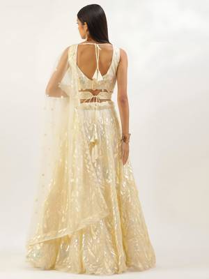 antique gold net embroidered traditional lehenga choli with free size upto 42 3