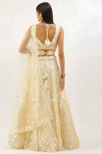 antique gold net embroidered traditional lehenga choli with free size upto 42