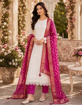 Off white silk blend woven salwar kameez 1
