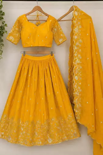 yellow georgette embroidered traditional lehenga choli with free size upto 44