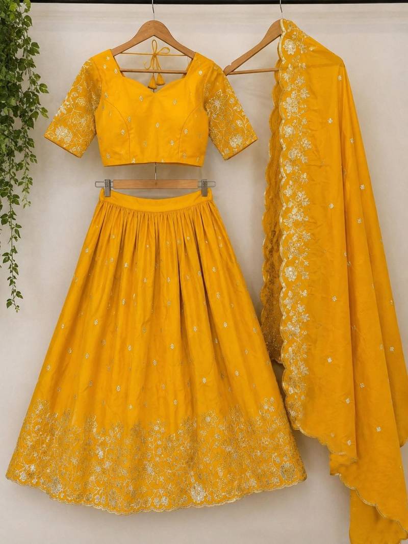 yellow georgette embroidered traditional lehenga choli with free size upto 44