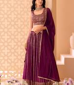 wine net embroidered traditional lehenga choli with free size upto 42