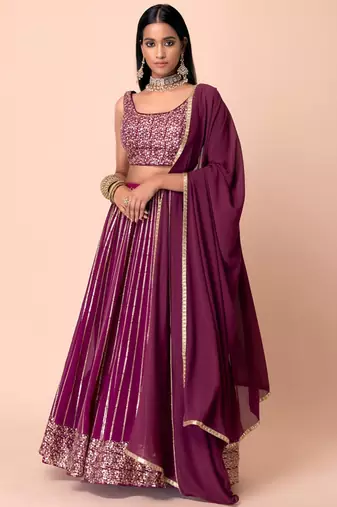 wine net embroidered traditional lehenga choli with free size upto 42