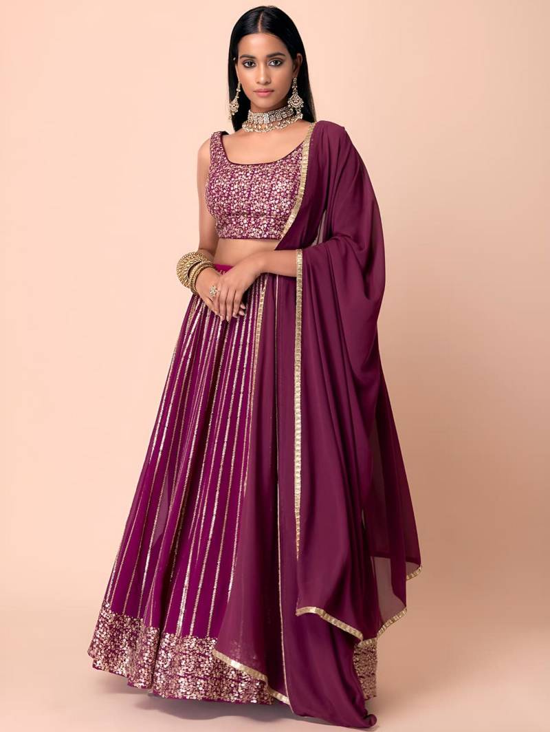 wine net embroidered traditional lehenga choli with free size upto 42