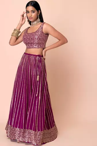 wine net embroidered traditional lehenga choli with free size upto 42