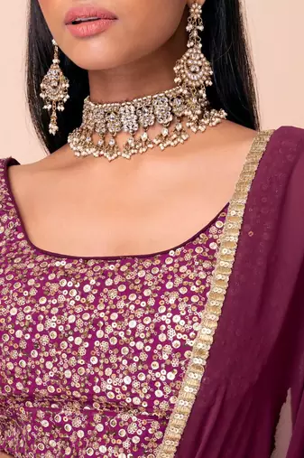 wine net embroidered traditional lehenga choli with free size upto 42