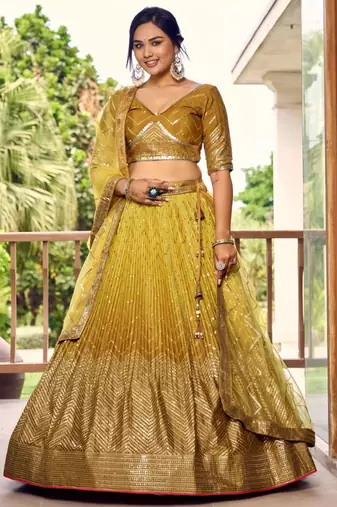 dark yellow silk blend embroidered traditional lehenga choli with free size upto 42