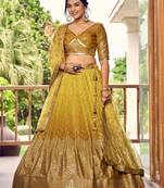 dark yellow silk blend embroidered traditional lehenga choli with free size upto 42