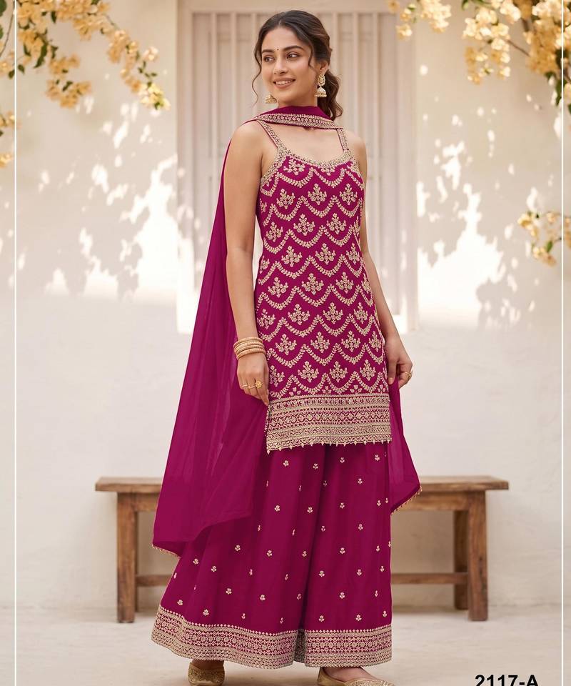 Magenta silk blend embroidered salwar kameez