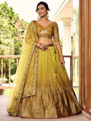 dark yellow silk blend embroidered traditional lehenga choli with free size upto 42 3