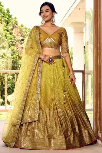 dark yellow silk blend embroidered traditional lehenga choli with free size upto 42