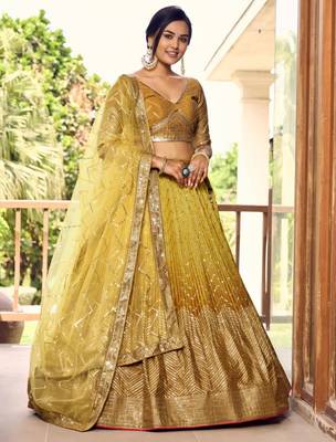 dark yellow silk blend embroidered traditional lehenga choli with free size upto 42 4