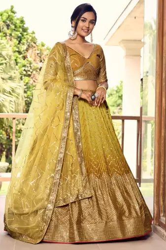 dark yellow silk blend embroidered traditional lehenga choli with free size upto 42