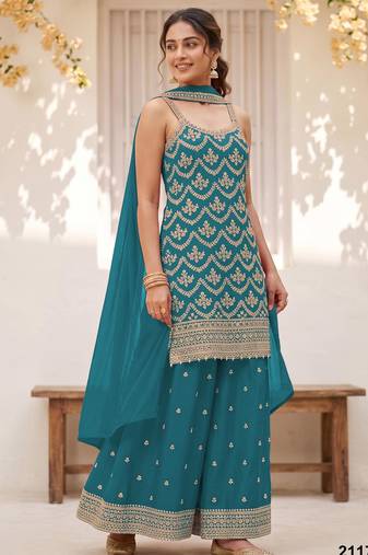 Blue silk blend embroidered salwar kameez
