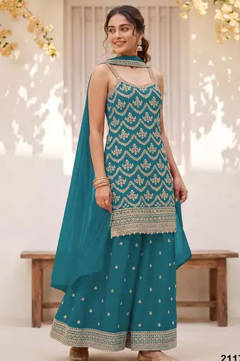 Blue silk blend embroidered salwar kameez