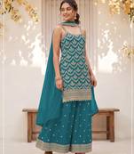 Blue silk blend embroidered salwar kameez